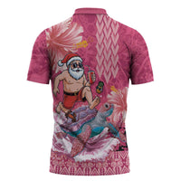 Hawaii Mele Kalikimaka Zipper Polo Shirt Funny Santa with Tribal Tattoos Kakau Pink Color - Polynesian Pride