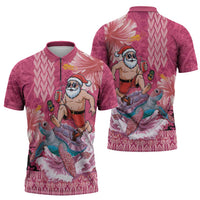 Hawaii Mele Kalikimaka Zipper Polo Shirt Funny Santa with Tribal Tattoos Kakau Pink Color - Polynesian Pride