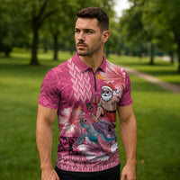 Hawaii Mele Kalikimaka Zipper Polo Shirt Funny Santa with Tribal Tattoos Kakau Pink Color - Polynesian Pride