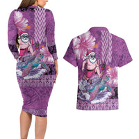 Hawaii Mele Kalikimaka Couples Matching Long Sleeve Bodycon Dress and Hawaiian Shirt Funny Santa with Tribal Tattoos Kakau Purple Color - Polynesian Pride
