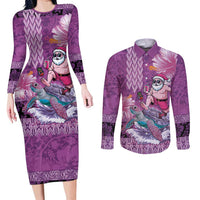 Hawaii Mele Kalikimaka Couples Matching Long Sleeve Bodycon Dress and Long Sleeve Button Shirt Funny Santa with Tribal Tattoos Kakau Purple Color - Polynesian Pride