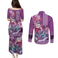 Hawaii Mele Kalikimaka Couples Matching Puletasi and Long Sleeve Button Shirt Funny Santa with Tribal Tattoos Kakau Purple Color LT03 - Polynesian Pride