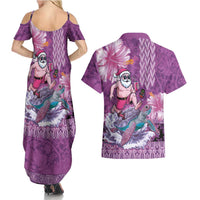Hawaii Mele Kalikimaka Couples Matching Summer Maxi Dress and Hawaiian Shirt Funny Santa with Tribal Tattoos Kakau Purple Color - Polynesian Pride