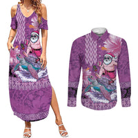 Hawaii Mele Kalikimaka Couples Matching Summer Maxi Dress and Long Sleeve Button Shirt Funny Santa with Tribal Tattoos Kakau Purple Color - Polynesian Pride