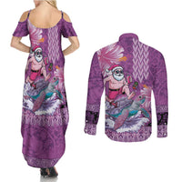 Hawaii Mele Kalikimaka Couples Matching Summer Maxi Dress and Long Sleeve Button Shirt Funny Santa with Tribal Tattoos Kakau Purple Color - Polynesian Pride