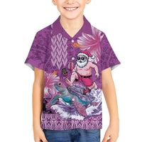 Hawaii Mele Kalikimaka Family Matching Mermaid Dress and Hawaiian Shirt Funny Santa with Tribal Tattoos Kakau Purple Color - Polynesian Pride