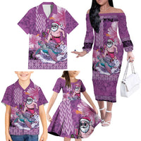 Hawaii Mele Kalikimaka Family Matching Off The Shoulder Long Sleeve Dress and Hawaiian Shirt Funny Santa with Tribal Tattoos Kakau Purple Color - Polynesian Pride
