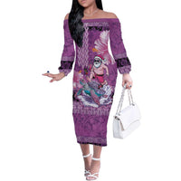 Hawaii Mele Kalikimaka Family Matching Off The Shoulder Long Sleeve Dress and Hawaiian Shirt Funny Santa with Tribal Tattoos Kakau Purple Color - Polynesian Pride