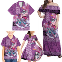 Hawaii Mele Kalikimaka Family Matching Off Shoulder Maxi Dress and Hawaiian Shirt Funny Santa with Tribal Tattoos Kakau Purple Color - Polynesian Pride