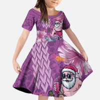 Hawaii Mele Kalikimaka Family Matching Off Shoulder Short Dress and Hawaiian Shirt Funny Santa with Tribal Tattoos Kakau Purple Color - Polynesian Pride
