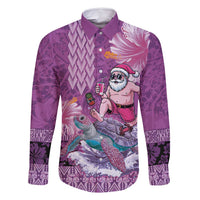 Hawaii Mele Kalikimaka Family Matching Off Shoulder Short Dress and Hawaiian Shirt Funny Santa with Tribal Tattoos Kakau Purple Color - Polynesian Pride