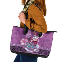 Hawaii Mele Kalikimaka Leather Tote Bag Funny Santa with Tribal Tattoos Kakau Purple Color - Polynesian Pride