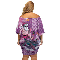 Hawaii Mele Kalikimaka Off Shoulder Short Dress Funny Santa with Tribal Tattoos Kakau Purple Color - Polynesian Pride