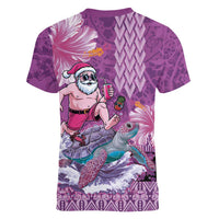 Hawaii Mele Kalikimaka Women V-Neck T-Shirt Funny Santa with Tribal Tattoos Kakau Purple Color - Polynesian Pride