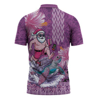 Hawaii Mele Kalikimaka Zipper Polo Shirt Funny Santa with Tribal Tattoos Kakau Purple Color - Polynesian Pride