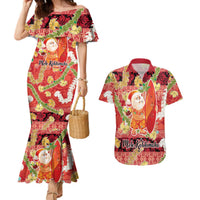 Hawaii Santa Mele Kalikimaka Couples Matching Mermaid Dress and Hawaiian Shirt Tropical Puakenikeni Lei with Polynesian Tribal Pattern - Polynesian Pride