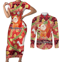 Hawaii Santa Mele Kalikimaka Couples Matching Short Sleeve Bodycon Dress and Long Sleeve Button Shirt Tropical Puakenikeni Lei with Polynesian Tribal Pattern - Polynesian Pride