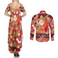 Hawaii Santa Mele Kalikimaka Couples Matching Summer Maxi Dress and Long Sleeve Button Shirt Tropical Puakenikeni Lei with Polynesian Tribal Pattern - Polynesian Pride