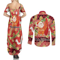 Hawaii Santa Mele Kalikimaka Couples Matching Summer Maxi Dress and Long Sleeve Button Shirt Tropical Puakenikeni Lei with Polynesian Tribal Pattern - Polynesian Pride