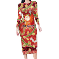 Hawaii Santa Mele Kalikimaka Family Matching Long Sleeve Bodycon Dress and Hawaiian Shirt Tropical Puakenikeni Lei with Polynesian Tribal Pattern - Polynesian Pride