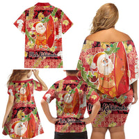 Hawaii Santa Mele Kalikimaka Family Matching Off Shoulder Short Dress and Hawaiian Shirt Tropical Puakenikeni Lei with Polynesian Tribal Pattern - Polynesian Pride