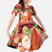 Hawaii Santa Mele Kalikimaka Kid Short Sleeve Dress Tropical Puakenikeni Lei with Polynesian Tribal Pattern - Polynesian Pride