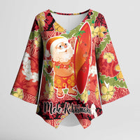 Hawaii Santa Mele Kalikimaka Kimono Sleeve Blouse Tropical Puakenikeni Lei with Polynesian Tribal Pattern - Polynesian Pride