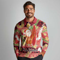 Hawaii Santa Mele Kalikimaka Long Sleeve Polo Shirt Tropical Puakenikeni Lei with Polynesian Tribal Pattern - Polynesian Pride
