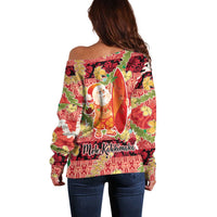 Hawaii Santa Mele Kalikimaka Off Shoulder Sweater Tropical Puakenikeni Lei with Polynesian Tribal Pattern - Polynesian Pride