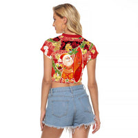 Hawaii Santa Mele Kalikimaka Raglan Cropped T Shirt Tropical Puakenikeni Lei with Polynesian Tribal Pattern LT03 - Polynesian Pride