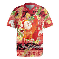 Hawaii Santa Mele Kalikimaka Rugby Jersey Tropical Puakenikeni Lei with Polynesian Tribal Pattern LT03 Red - Polynesian Pride