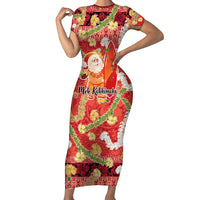 Hawaii Santa Mele Kalikimaka Short Sleeve Bodycon Dress Tropical Puakenikeni Lei with Polynesian Tribal Pattern LT03 Long Dress Red - Polynesian Pride