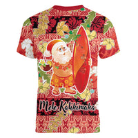 Hawaii Santa Mele Kalikimaka Women V-Neck T-Shirt Tropical Puakenikeni Lei with Polynesian Tribal Pattern - Polynesian Pride