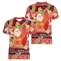 Hawaii Santa Mele Kalikimaka Women V-Neck T-Shirt Tropical Puakenikeni Lei with Polynesian Tribal Pattern - Polynesian Pride