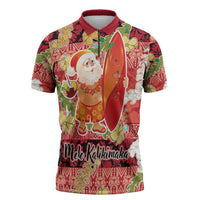 Hawaii Santa Mele Kalikimaka Zipper Polo Shirt Tropical Puakenikeni Lei with Polynesian Tribal Pattern - Polynesian Pride