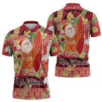 Hawaii Santa Mele Kalikimaka Zipper Polo Shirt Tropical Puakenikeni Lei with Polynesian Tribal Pattern - Polynesian Pride