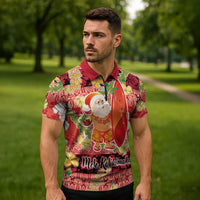 Hawaii Santa Mele Kalikimaka Zipper Polo Shirt Tropical Puakenikeni Lei with Polynesian Tribal Pattern - Polynesian Pride