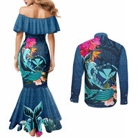 Hawaii Couples Matching Mermaid Dress and Long Sleeve Button Shirt Whale Mix Hibiscus and Kanaka Maoli Blue Version LT03 - Polynesian Pride
