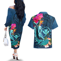 Hawaii Couples Matching Off The Shoulder Long Sleeve Dress and Hawaiian Shirt Whale Mix Hibiscus and Kanaka Maoli Blue Version LT03 - Polynesian Pride