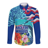 Hawaii Race For Whales Long Sleeve Button Shirt Flag and Polynesian Hibiscus LT03 Unisex Blue - Polynesian Pride