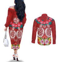 Polynesian Valentine Day Couples Matching Off The Shoulder Long Sleeve Dress and Long Sleeve Button Shirt Love Couple Turtle Maori Hibiscus Red Style LT03 - Polynesian Pride