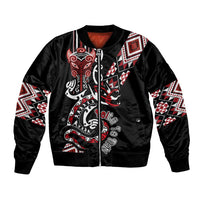 Aotearoa Toitu Te Tiriti-Honour the Treaty Bomber Jacket Maori Taniwha Haka with Taniko and Tukutuku