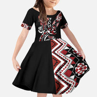 Aotearoa Toitu Te Tiriti-Honour the Treaty Family Matching Off The Shoulder Long Sleeve Dress and Hawaiian Shirt Maori Taniwha Haka with Taniko and Tukutuku