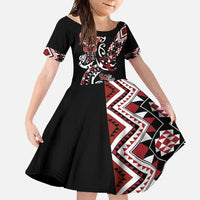 Aotearoa Toitu Te Tiriti-Honour the Treaty Family Matching Short Sleeve Bodycon Dress and Hawaiian Shirt Maori Taniwha Haka with Taniko and Tukutuku