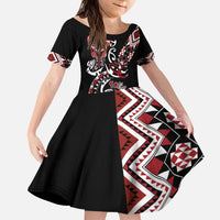 Aotearoa Toitu Te Tiriti-Honour the Treaty Kid Short Sleeve Dress Maori Taniwha Haka with Taniko and Tukutuku