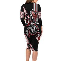 Aotearoa Toitu Te Tiriti-Honour the Treaty Long Sleeve Bodycon Dress Maori Taniwha Haka with Taniko and Tukutuku