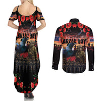 New Zealand ANZAC Day Couples Matching Summer Maxi Dress and Long Sleeve Button Shirt Tui Bird and Kiwi Bird Soldier - Forever in My Thoughts