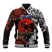 Australia and New Zealand ANZAC Day Baseball Jacket Aboriginal and Maori Art Pattern - Gallipoli Lest We Forget LT03 Unisex Black - Polynesian Pride