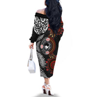 Australia and New Zealand Together Family Matching Off The Shoulder Long Sleeve Dress and Hawaiian Shirt Aboriginal and Maori Art Tattoo