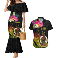 Vanuatu Ni-Van Couples Matching Mermaid Dress and Hawaiian Shirt Coat of Arms Sand Drawing LT03 Black - Polynesian Pride